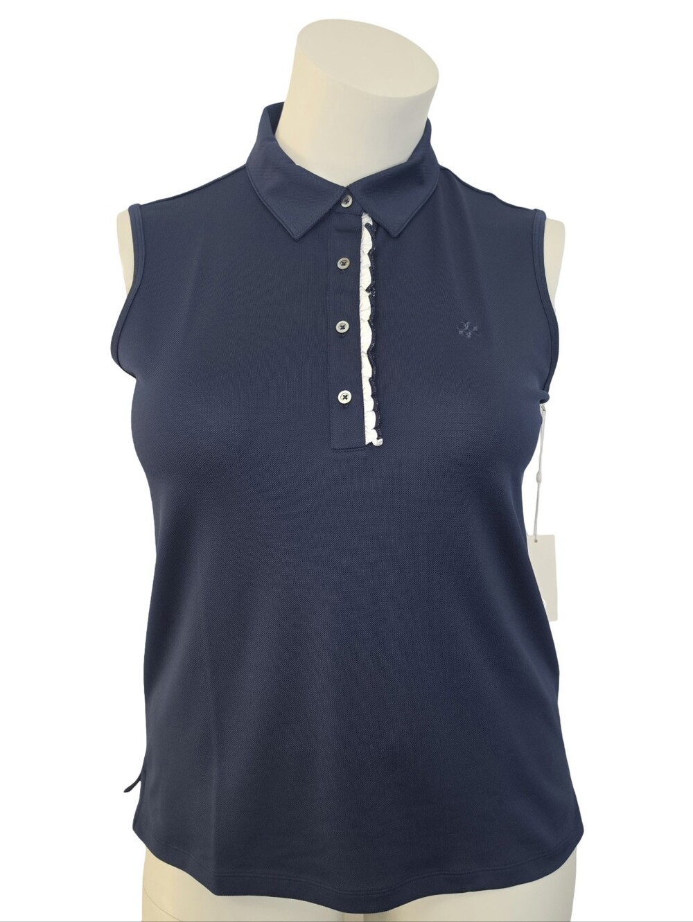 Tory Burch Sport Tech Pique Ruffle Sleevless Polo Navy Blue Size Large